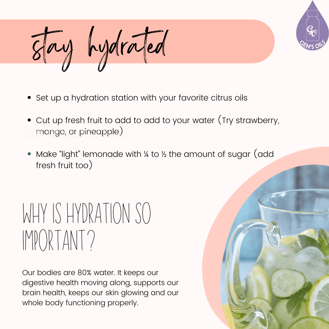 Stay hydrated tips beside a jug of water with cut up fruit in it.