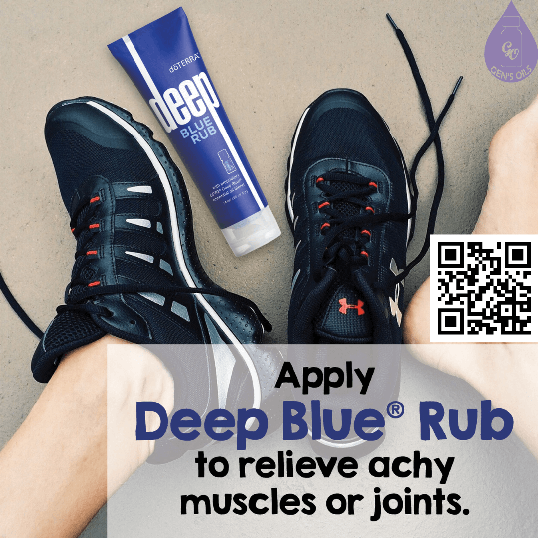 Feet wearing sneakers with a tube of Ice Blue Rub. The QR code opens a link to purchase Ice Blue Rub & AromaTouch Blend