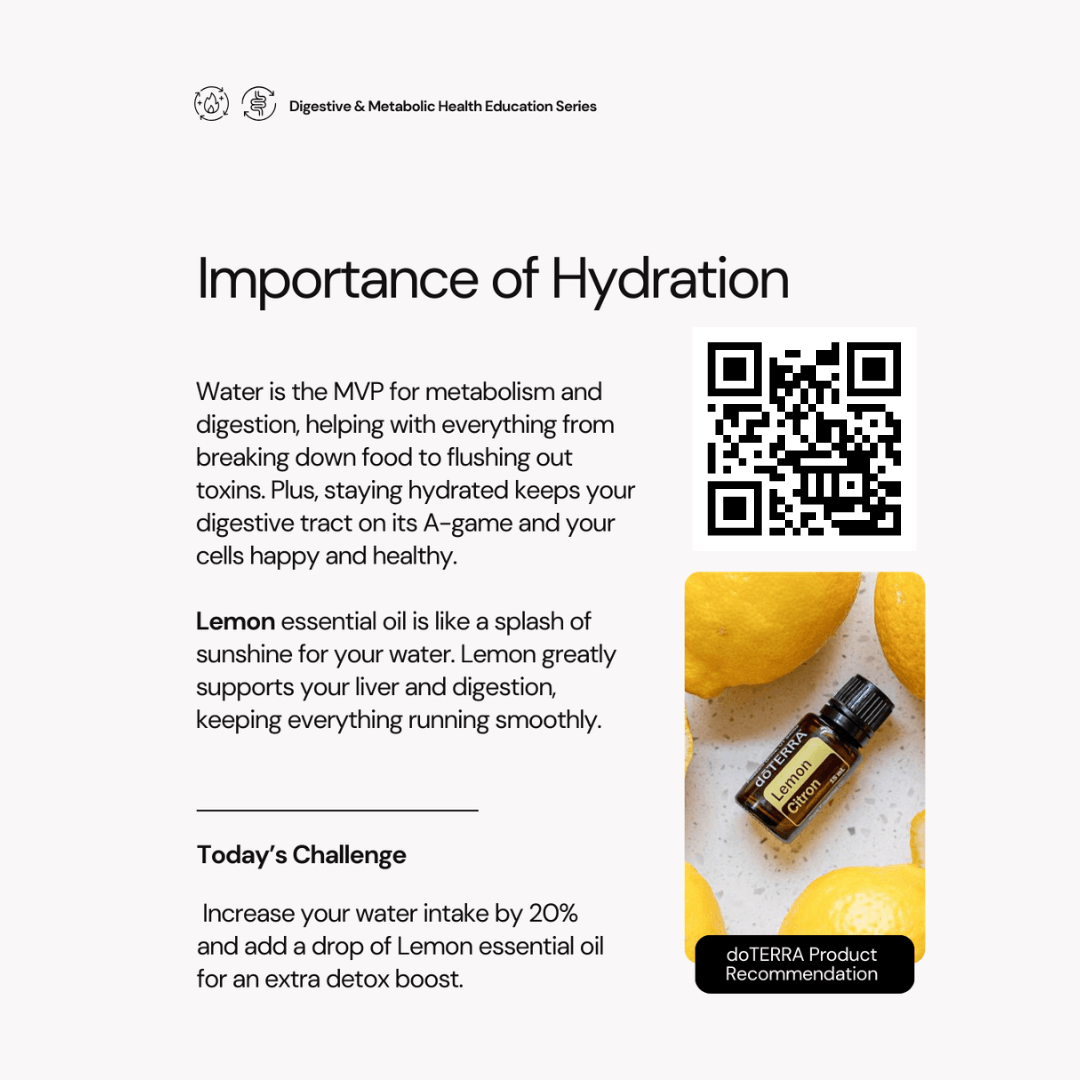Importance of Hydration, with a bottle of Lemon oil. The bar code opens a link to purchase Lemon oil.