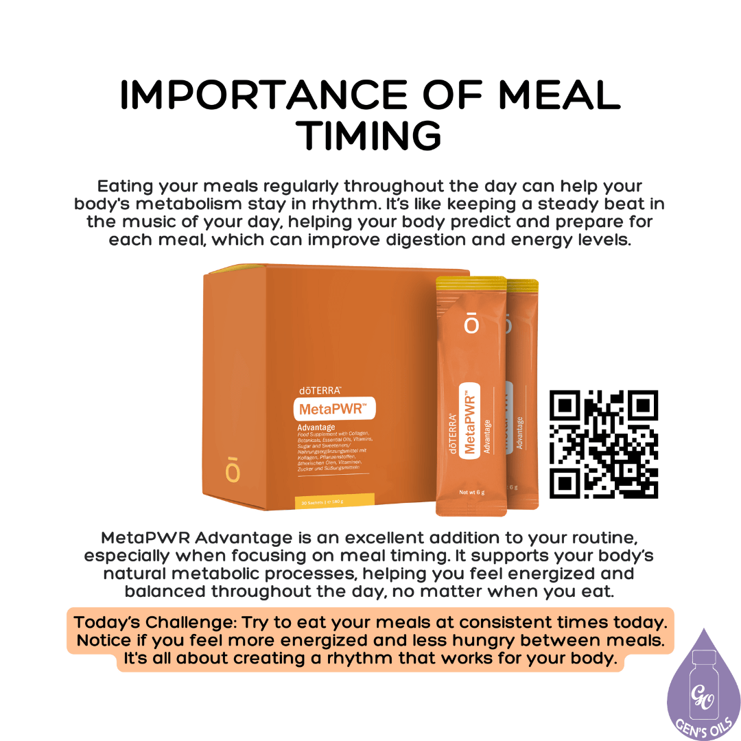 Importance of Meal Timing with a pack of MetaPWR Advantage. The QR code opens a link to purchase the MetaPWR Complete bundle.