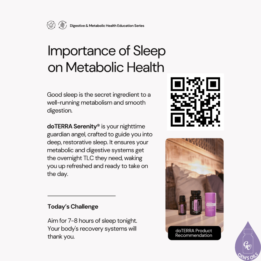 Importance of Sleep on Metabolic Health with a picture of the Serenity range (US). Bar code opens link to purchase Lavender Peace (NZ)