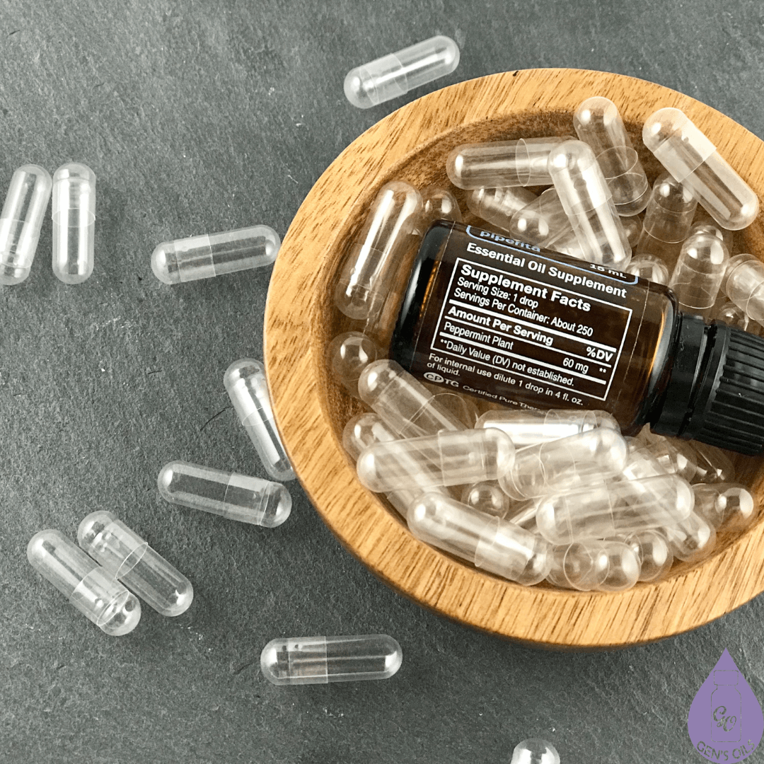 An essential oil bottle in a dish with vege capsules, showing the supplemental information on the label
