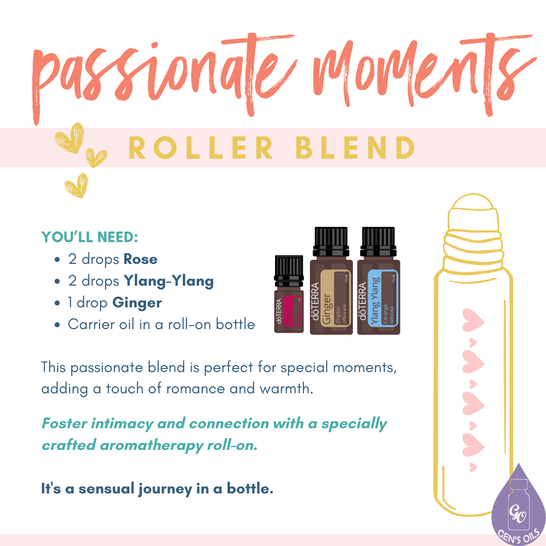 Passionate Moments roller blend with a bottle of Rose, Ylang Ylang & Ginger essential oils.