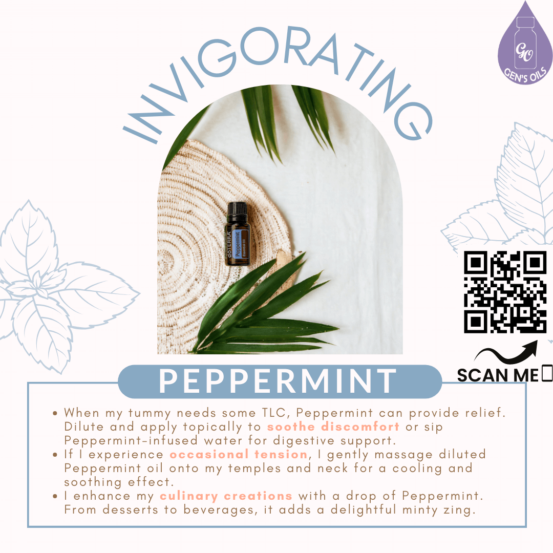 Invigorating Peppermint. A bottle of peppermint oils with some sprigs of peppermint. Scan the QR code to purchase Peppermint oil.