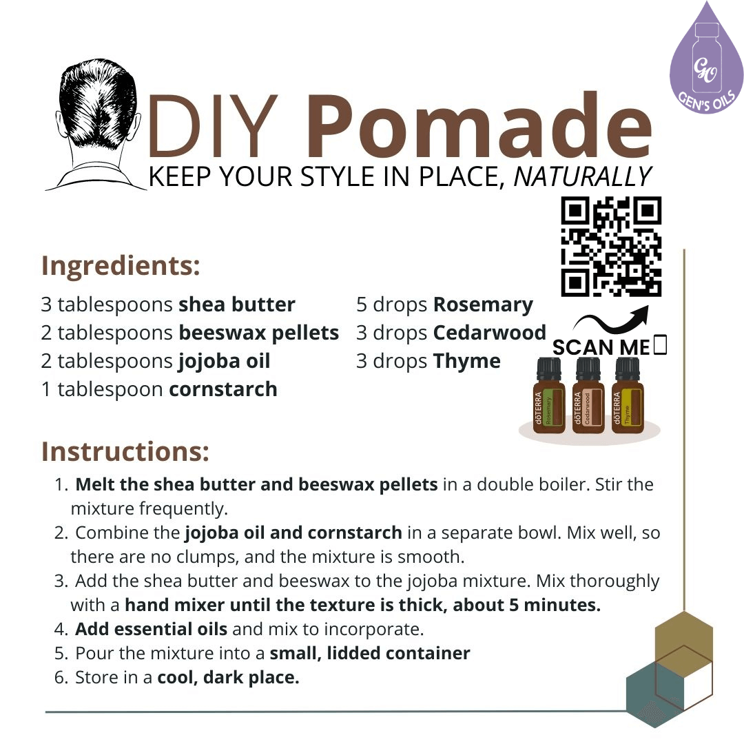 DIY Pomade recipe with bottles of Rosemary, Cedarwood & Thyme essential oils. Scan the QR code to purchase these oils.