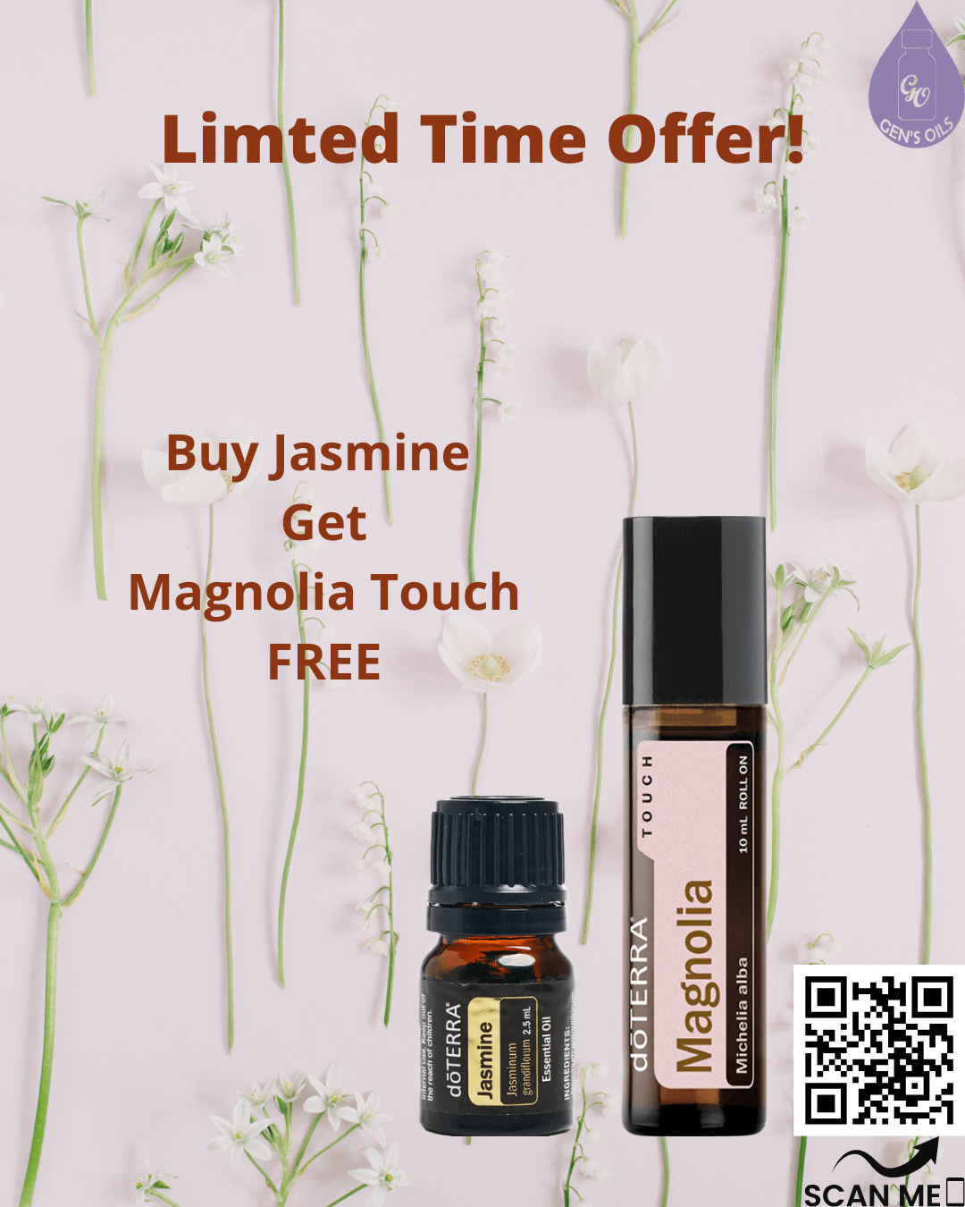 A bottle of Jasmine essential oil & Magnolia Touch essential oil. Text reads: Limited Time Offer! Buy Jasmine Get Magnolia Touch Free"
