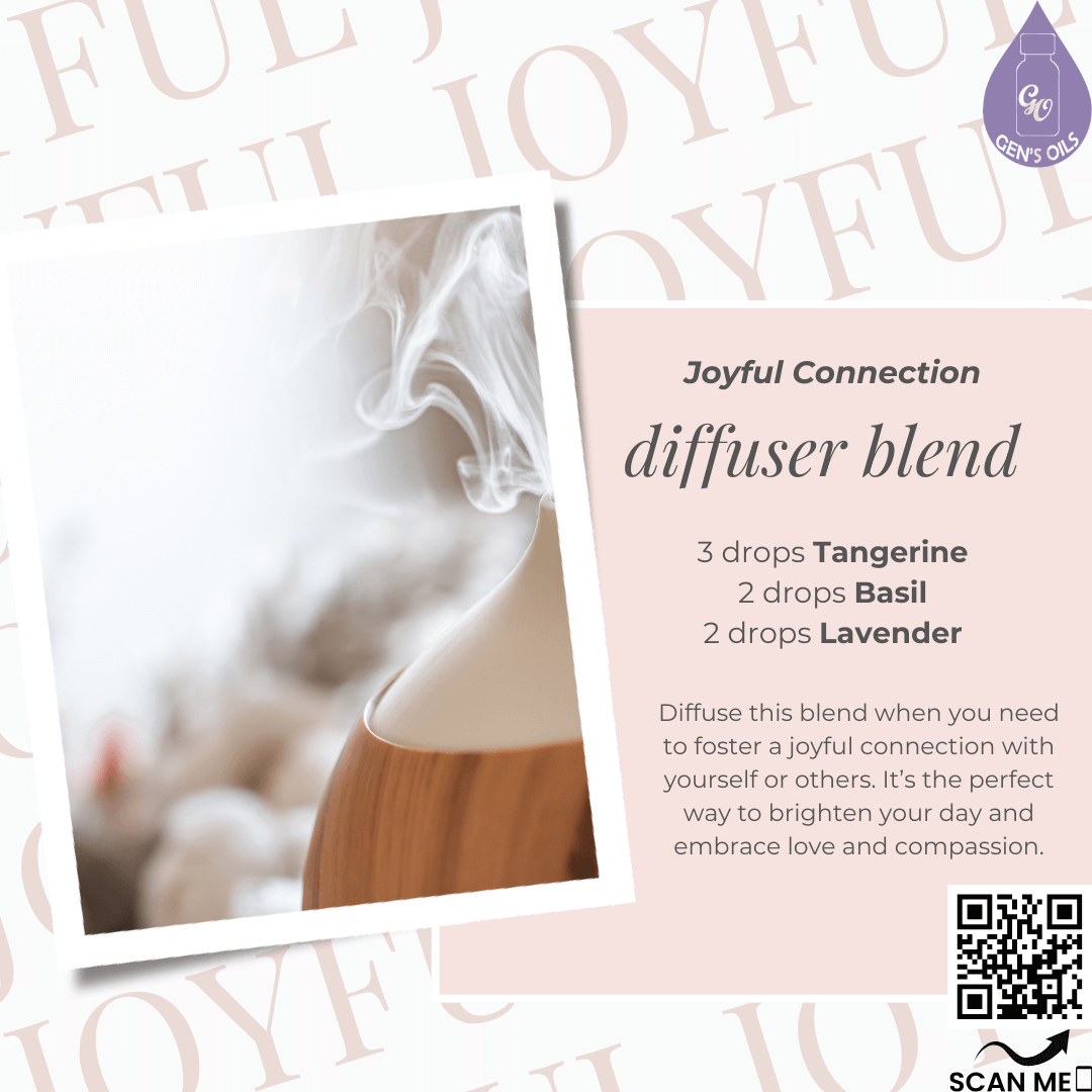 Joyful Connection Diffuser Blend in a diffuser. The QR code opens a link to purchase the essential oils in this blend.