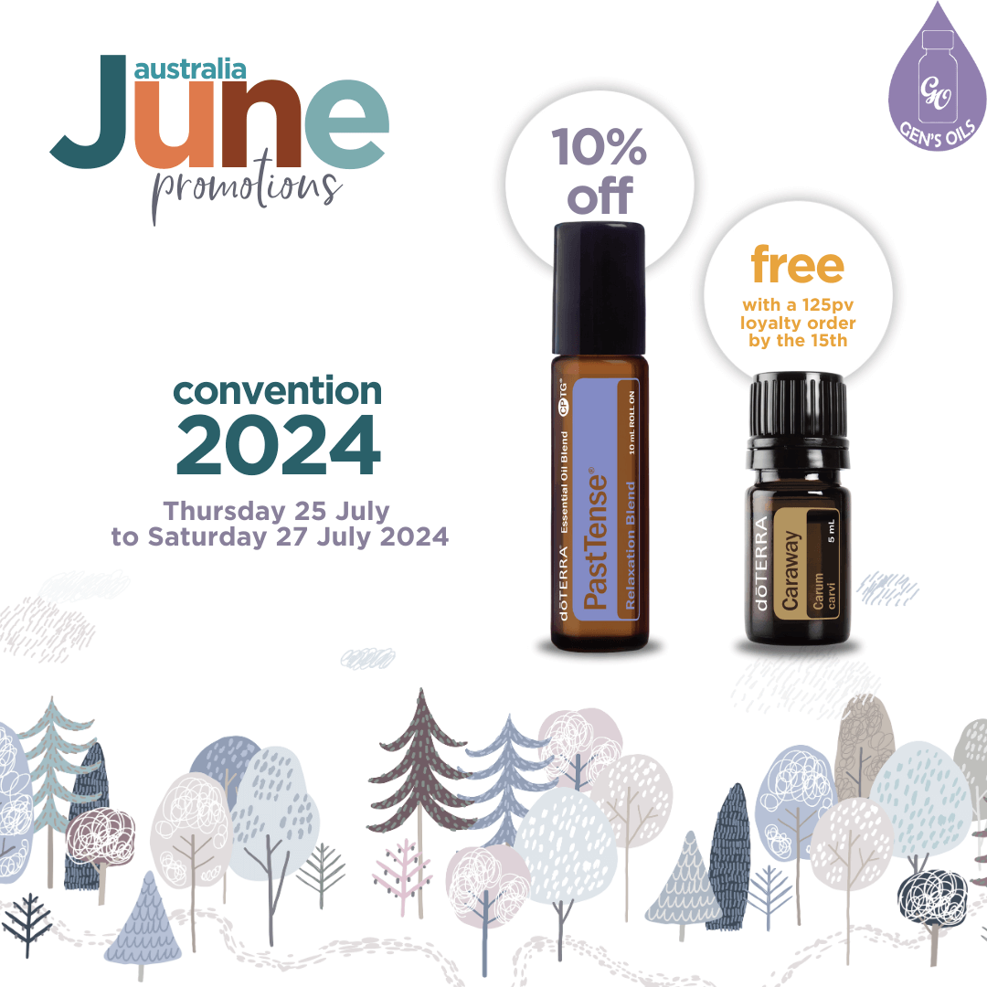 June Promotions with a bottle of PastTense & Caraway essential oils.