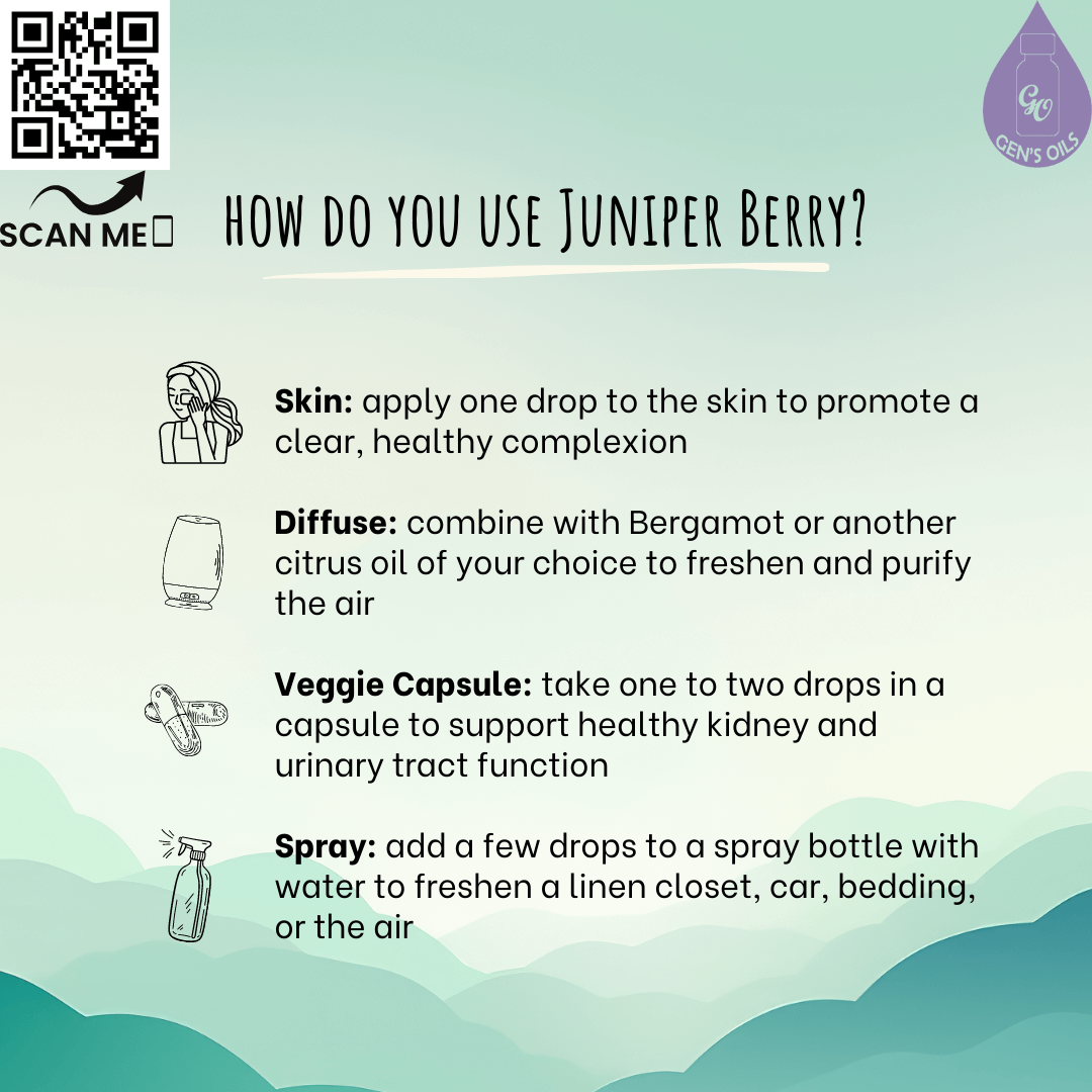 How do you use Juniper Berry? Skin. Diffuse. Veggie capsule. Spray. The QR code opens a link to purchase Juniper Berry essential oil.