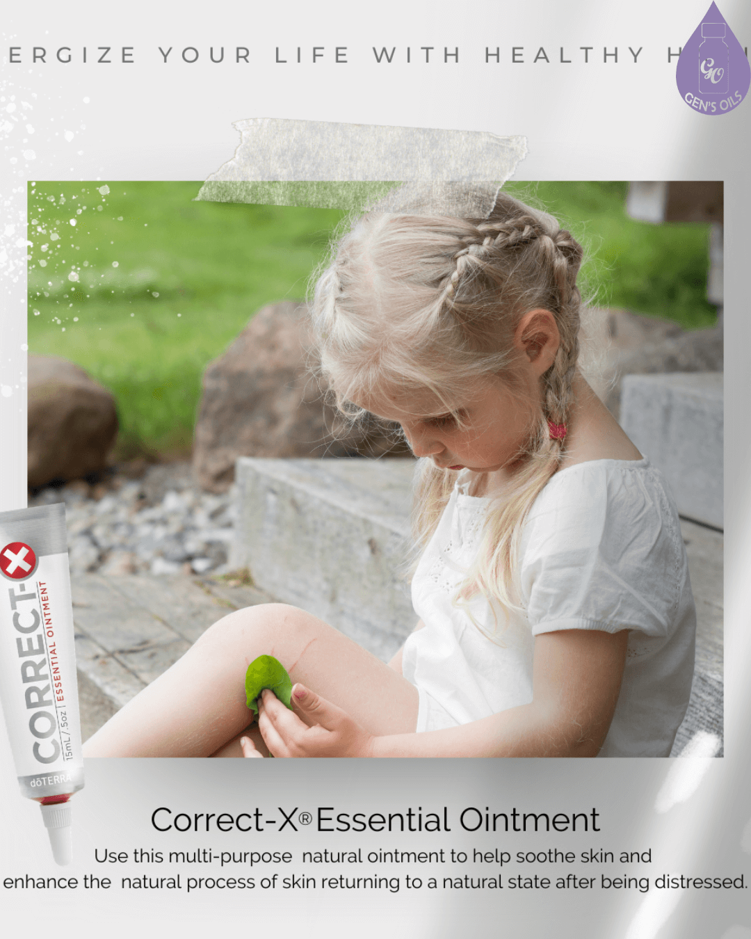 A tube of Correct-X Essential Ointment is displayed next to an image of a child sitting on steps, holding a leaf to their cut knee.