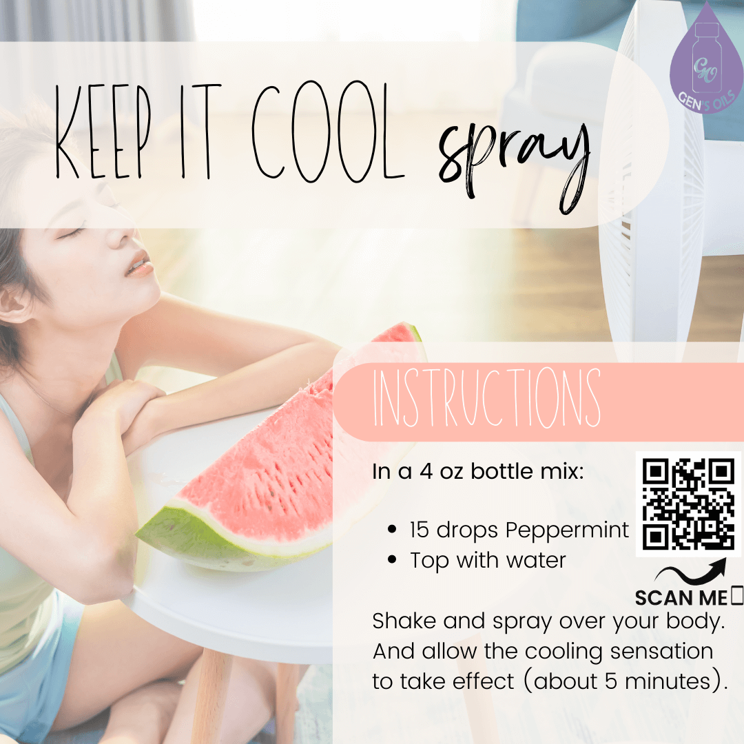 Keep it Cool spray with a person sitting at a table with a piece of watermelon. The QR code opens a link to purchase Peppermint essential oil.