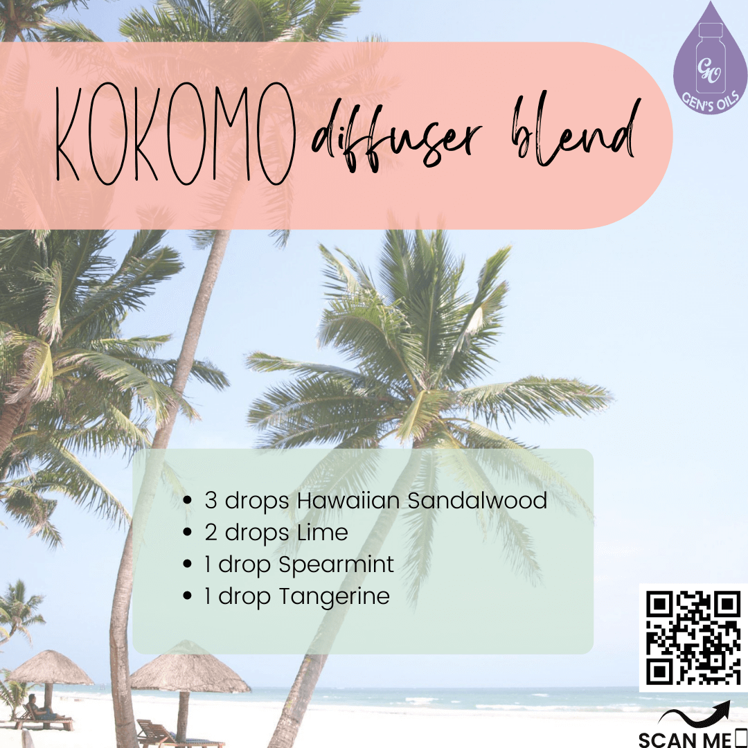 A beach with palm trees & the Kokomo Diffuser blend recipe. The QR code opens a link to purchase the oils.