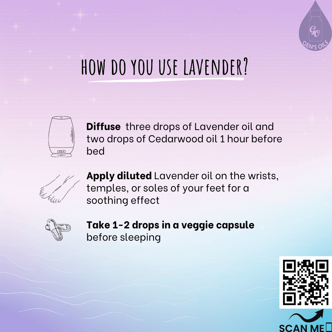 How do you use Lavender? Diffuse, Apply diluted, Take 1-2 drops in a veggie capsule. The QR code opens a link to purchase Lavender & Lavender Touch essential oils.