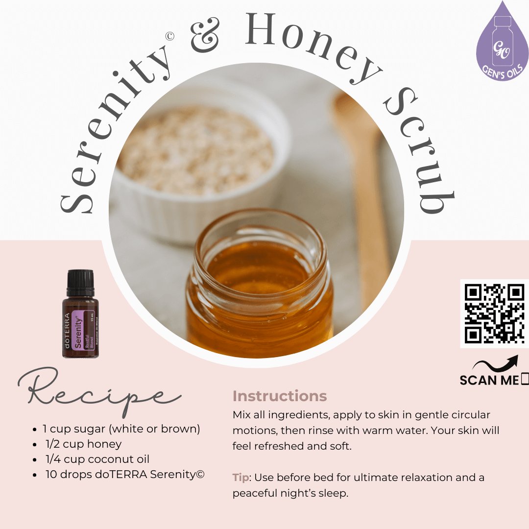 Lavender Peace & Honey Body Scrub recipe. The QR code opens a link to purchase Lavender Peace essential oil.
