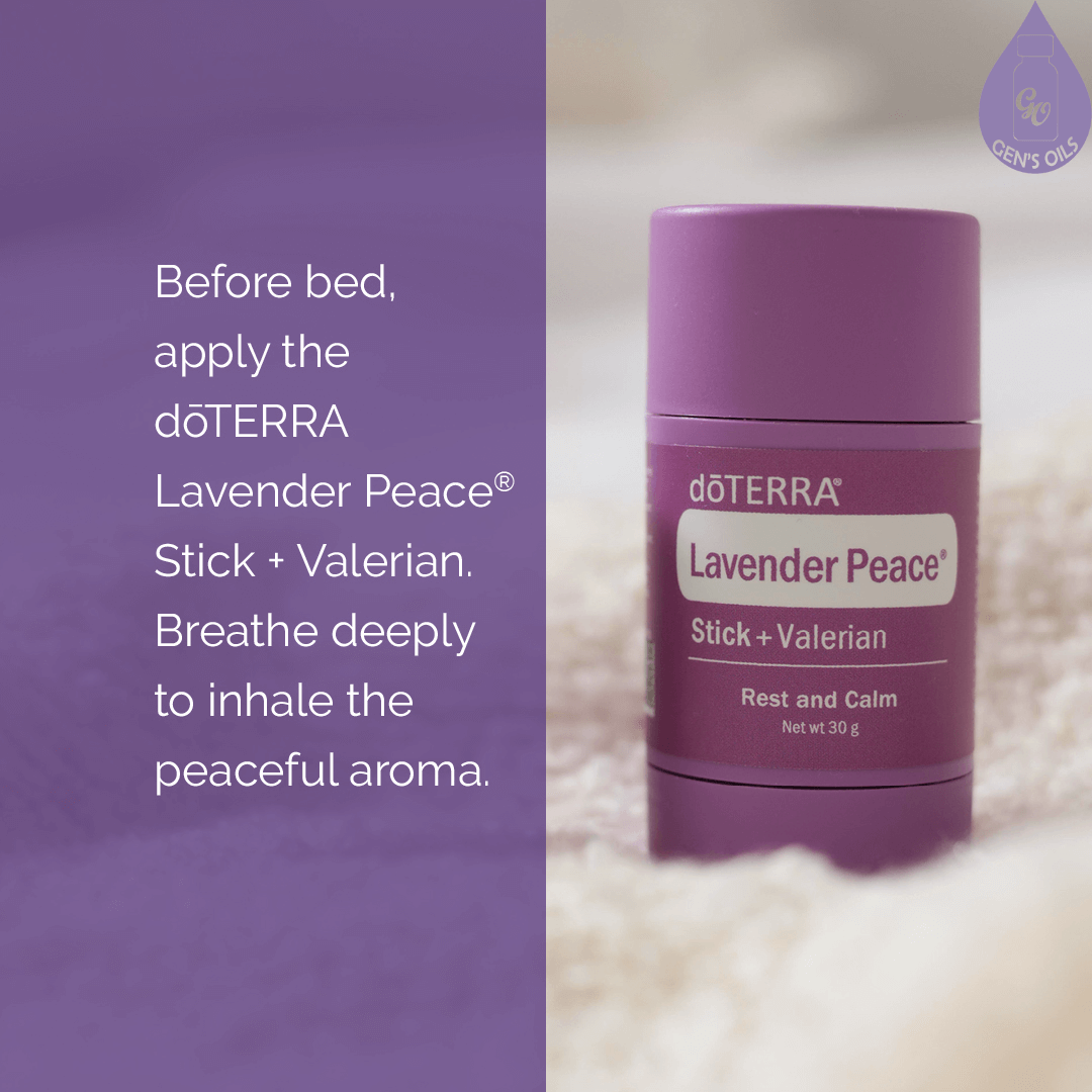 Lavender Peace + Valerian Stick. Text reads: Before bed, apply the doTERRA Lavender Peace Stik + Valerian. Breath deeply to inhale the peaceful aroma.