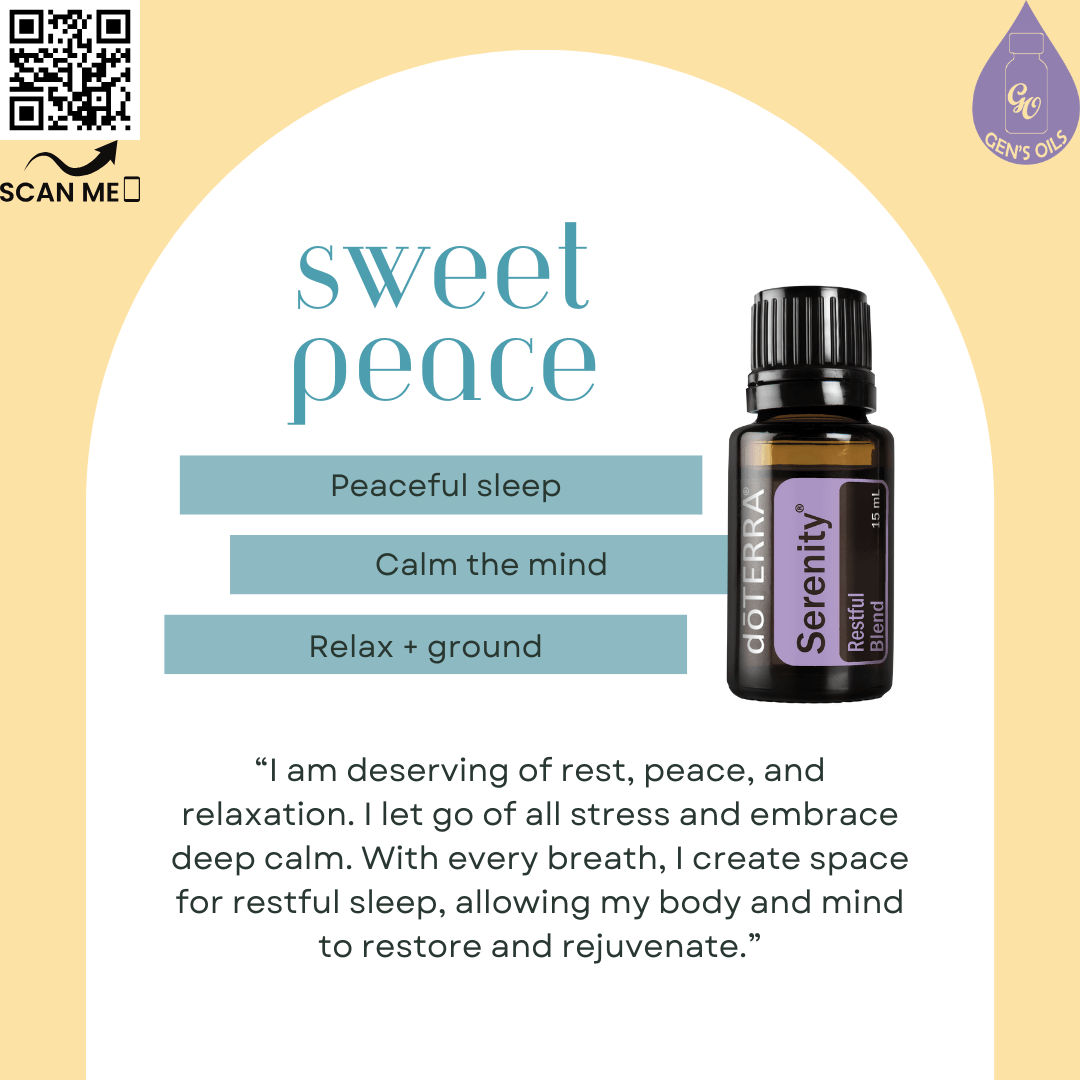 Lavender Peace: Sweet Peace affirmation. The QR code opens a link to purchase Lavender Peace essential oil, the NZ name for Serenity.