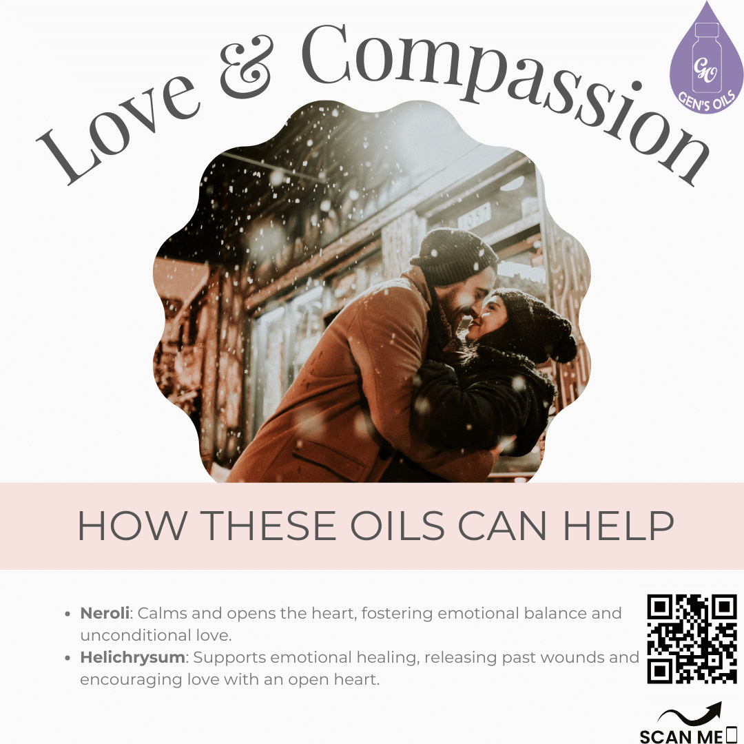 How Neroli & Helichrysum essential oil can help foster love & compassion. The QR code opens a link to purchase Neroli & Helichrysum Touch.