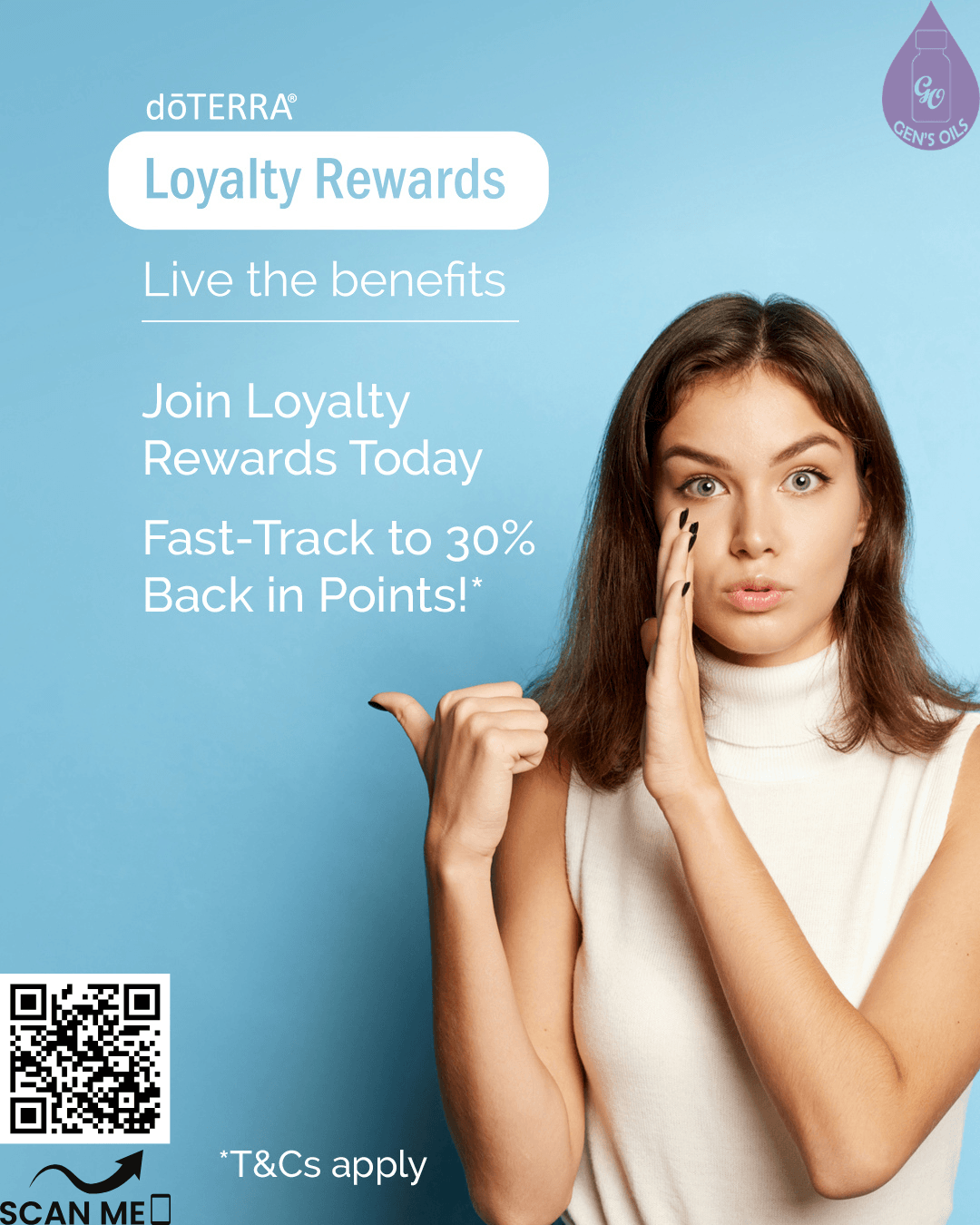 A woman with her hand to her mouth and pointing to the left, next to text that reads 