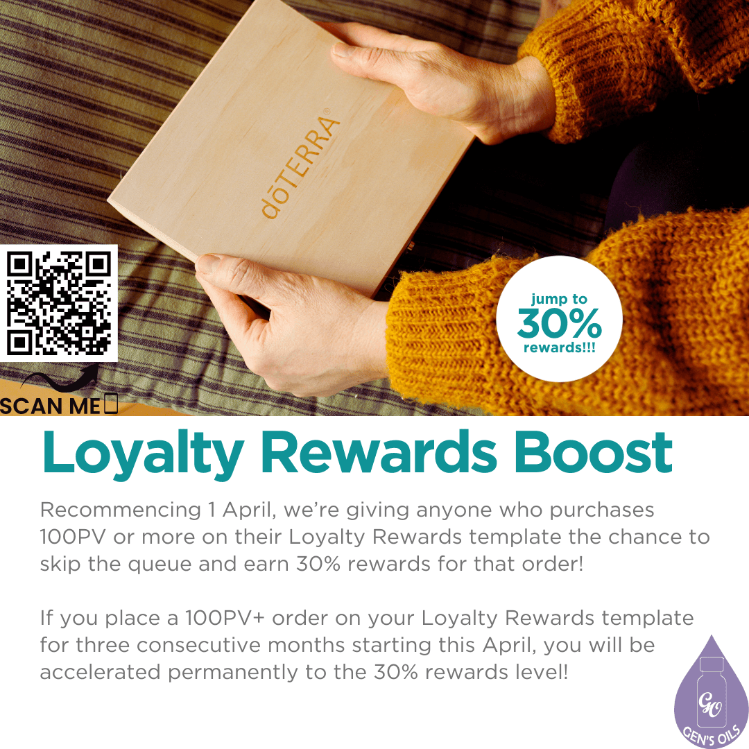 Loyalty Rewards Booster program. Jump to 30% reward points. The QR code opens a link to contact me & learn how you can earn free oils.