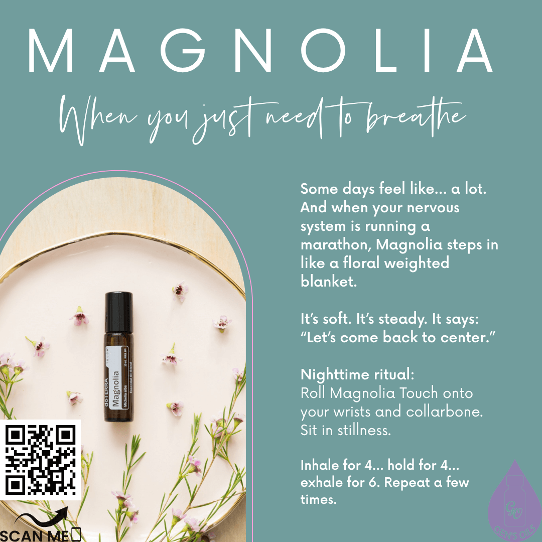 Magnolia. When you just need to breathe. Scan the QR code to purchase Magnoilia Touch essential oil.