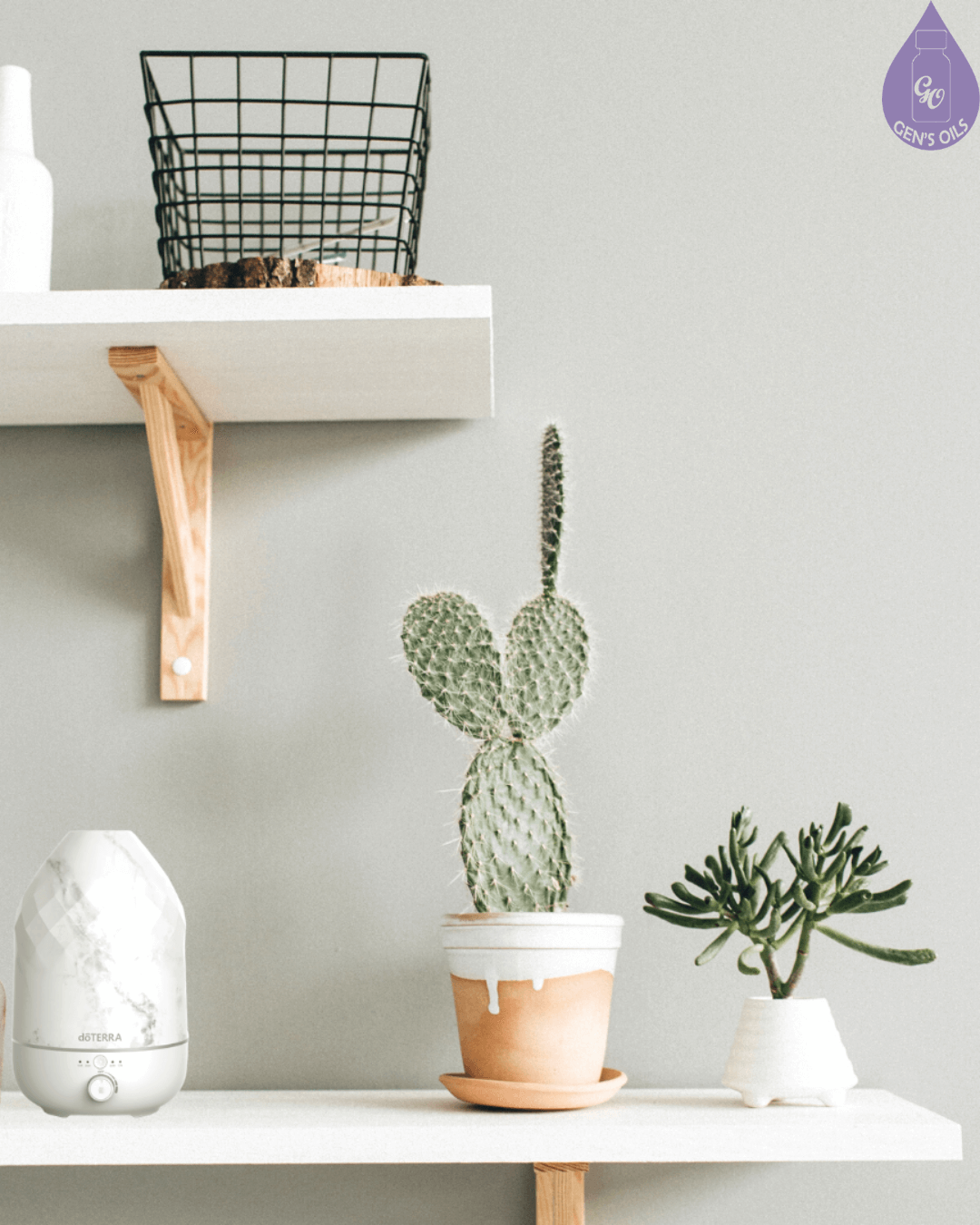 A white marble-patterned diffuser sits on a shelf next to a pink glass bottle and two potted succulents against a grey wall.