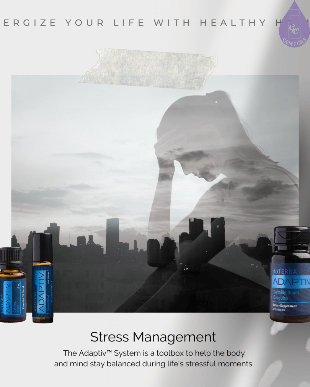 Adaptiv stress management products are displayed in front of a grayscale image of a skyline and a person with their head in their hand.
