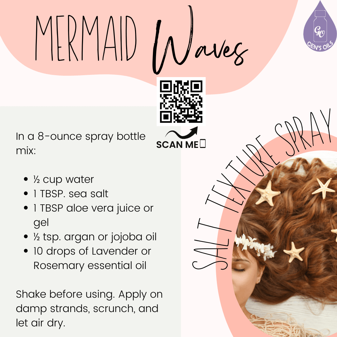 Mermaid Waves Hair Spray recipe with an image of a head of hair after applying spray. The QR code opens a link to purchase the essential oils suggested.