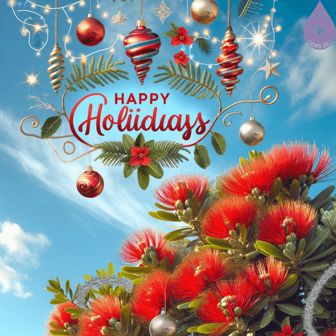 A Pohutukawa tress with the words "Happy Holidays" surrounded by decorations.