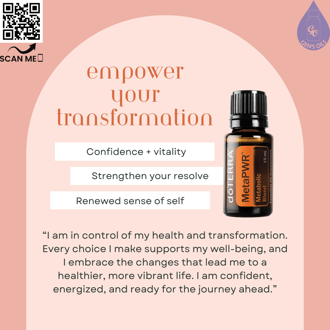 Empower Your Transformation affirmation. The QR code opens a link to purchase MetaPWR essential oil.