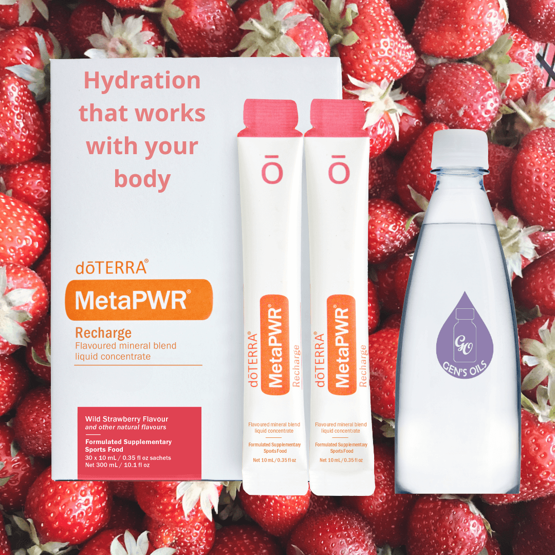 MetaPWR Wild Strawberry box with two sachets & a water bottle on a Strawberry background.