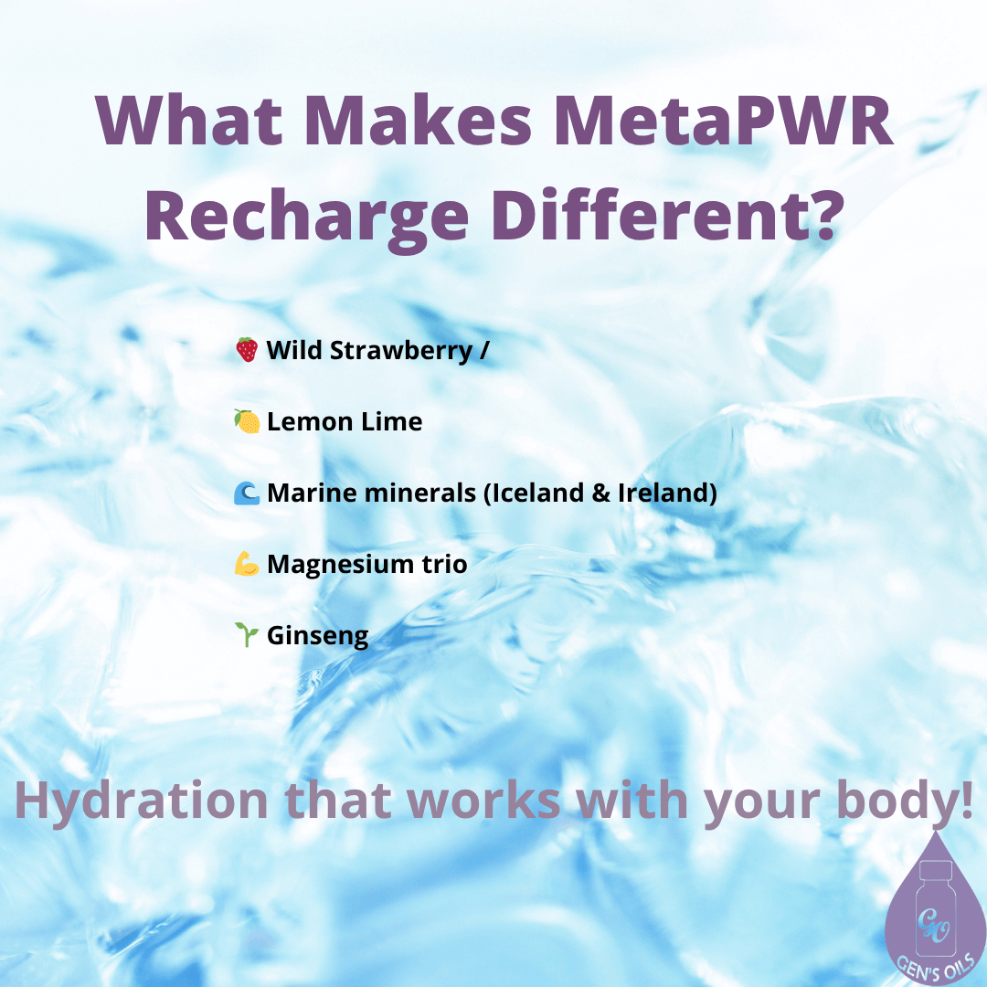 What makes MetaPWR Recharge Different? Wild Strawberry, Lemon Lime, Marine minerals,  Magnesium tri, Ginseng. Hydration that works for your body.