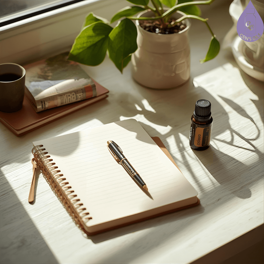 A journal, pen, and essential oil bottle on a cosy desk with morning sun.