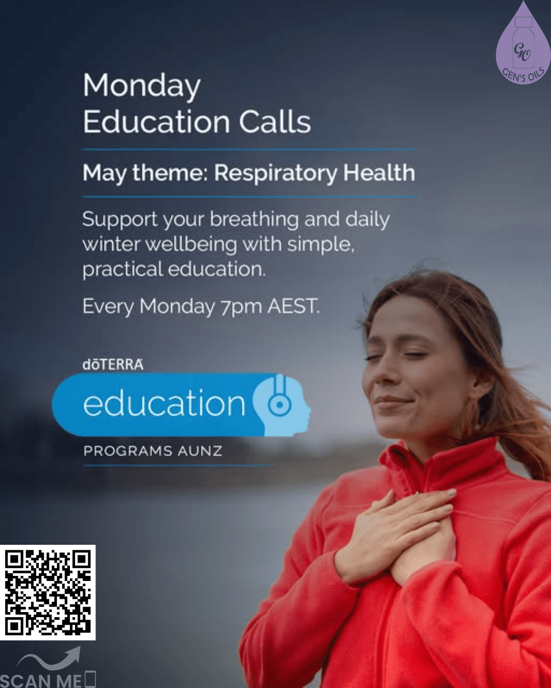 Monday Education Calls. May theme: Respiratory health. Support your breathing and daily winter wellbeing with simple, practical education. A woman holds her hands to her chest.