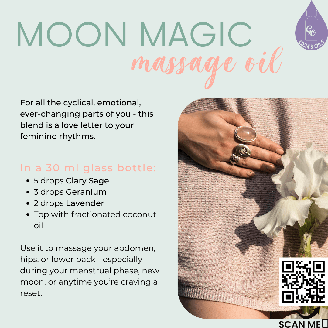 Moon Magic massage oil. Scan the QR code to purchase Clary Sage, Geranium & Lavender essential oils.