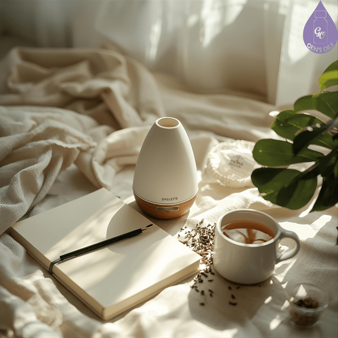 A sunlit diffuser beside a journal and herbal tea, with soft linens or a leafy plant nearby.