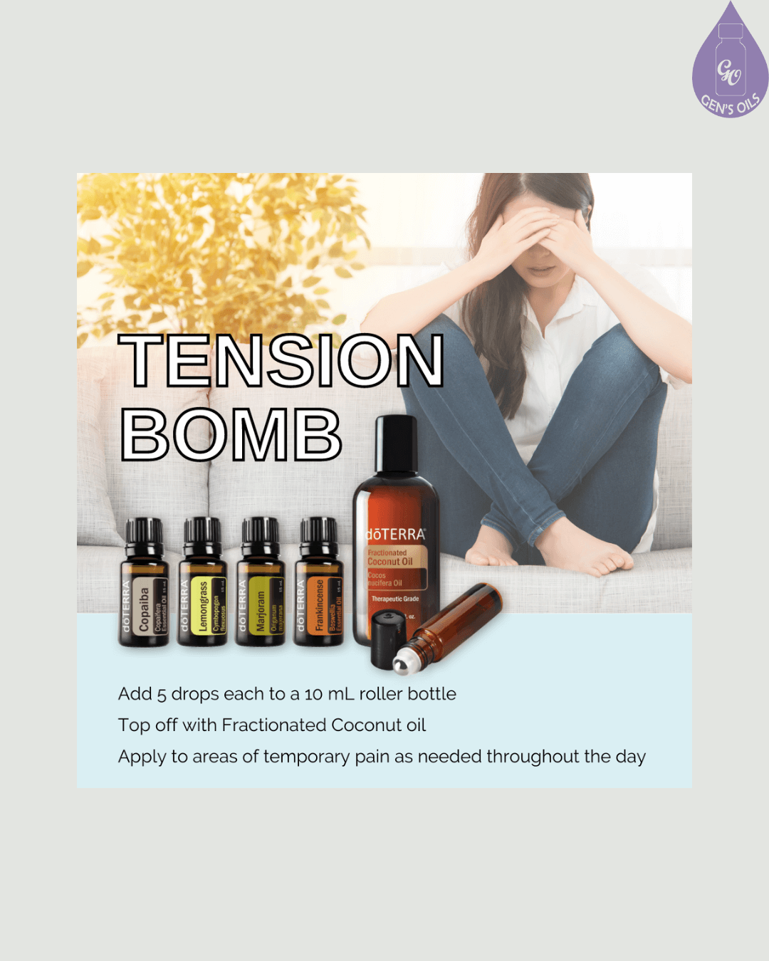 A "Tension Bomb" blend for pain relief featuring five doTERRA essential oil bottles, a bottle of fractionated coconut oil, and a roller bottle, with instructions for use."Tension Bomb" is written in large white text over the image.