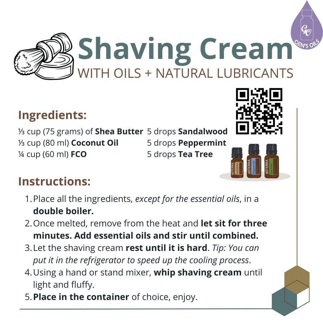 Natural Shaving Cream recipe. The QR code opens a link to purchase the essential oils used.