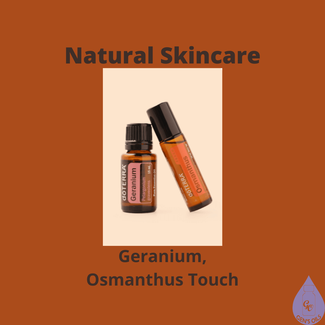 Natural Skincare. A bottle of Geranium & Osmtnthus Touch essential oils
