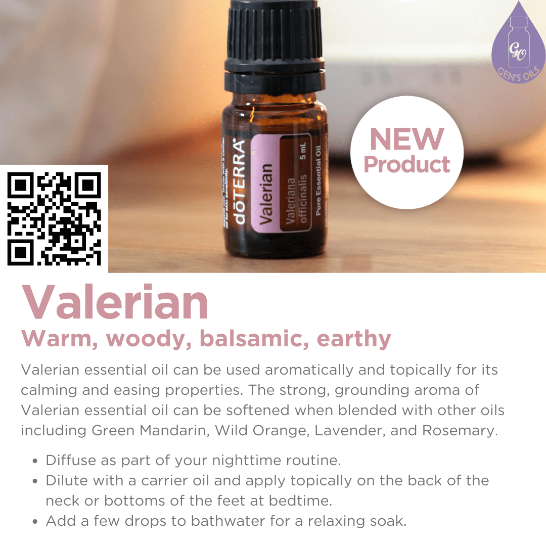 Valerian essential oil. The QR code opens a link to purchase this oil.