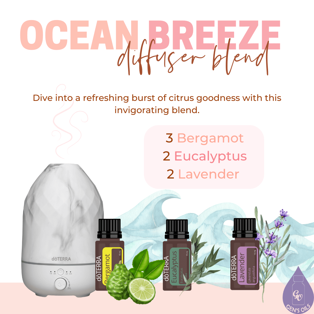 Ocean Breeze diffuser blend. 3 drops Bergamot, 2 drops Eucalyptus, 2 drops Lavender