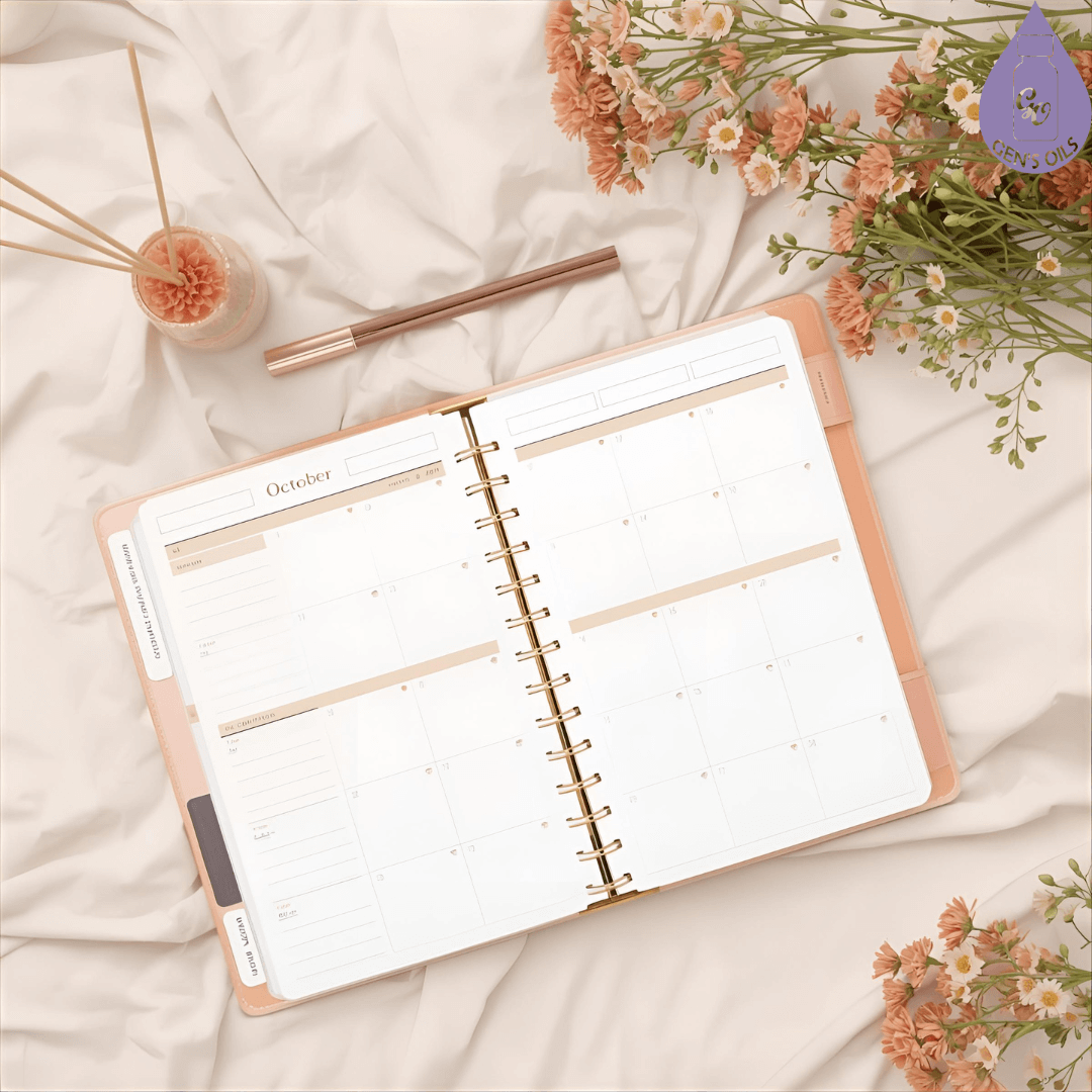 A planner open to October, and some seasonal flowers.