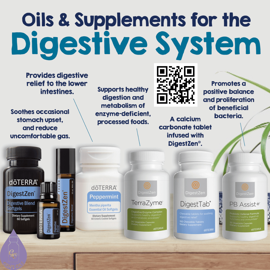 Oils & Supplements for the Digestive System with images of the products. The QR code opens a link to purchase a Digestive Bundle.