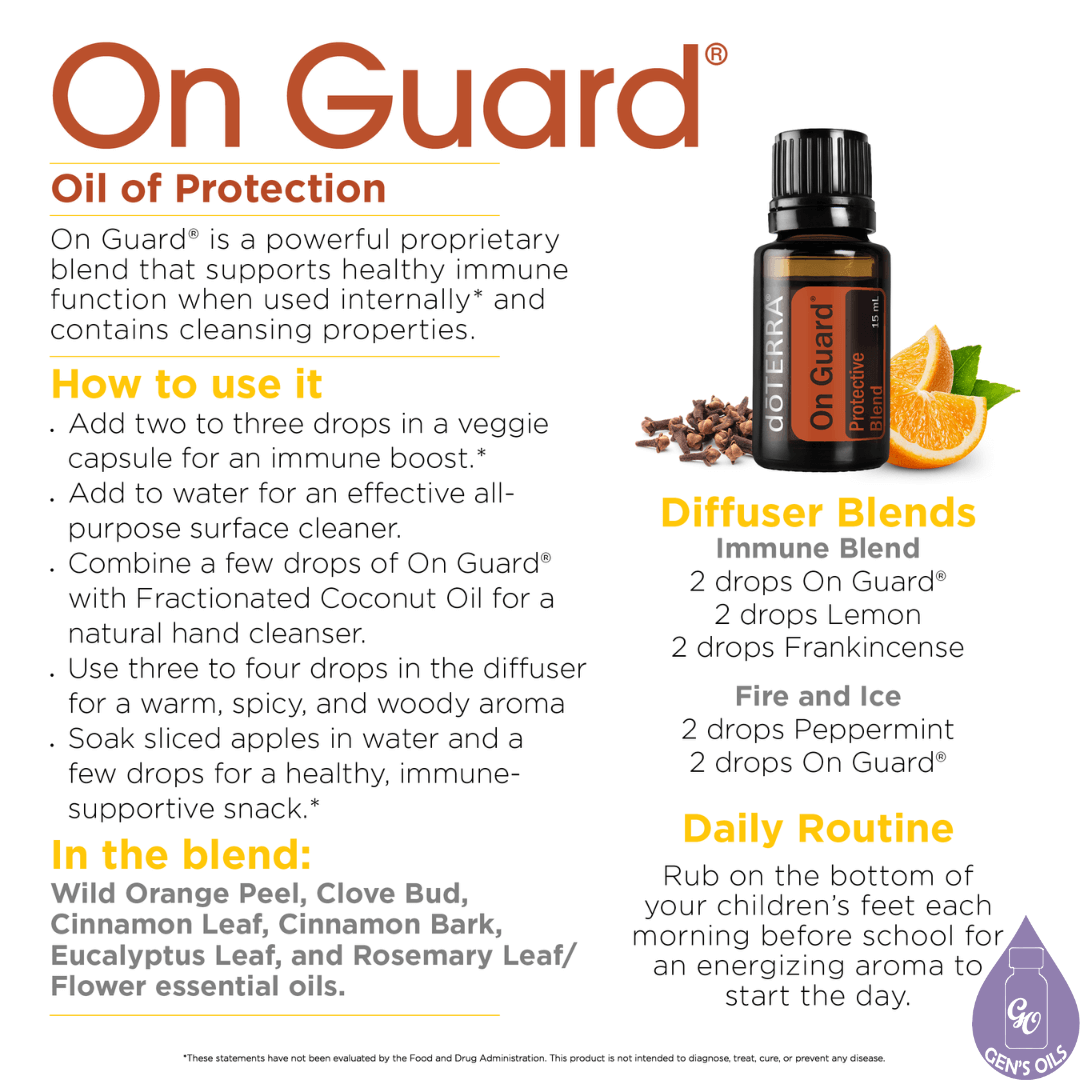 A bottle of On Guard essential oil with suggestions for how to use it.