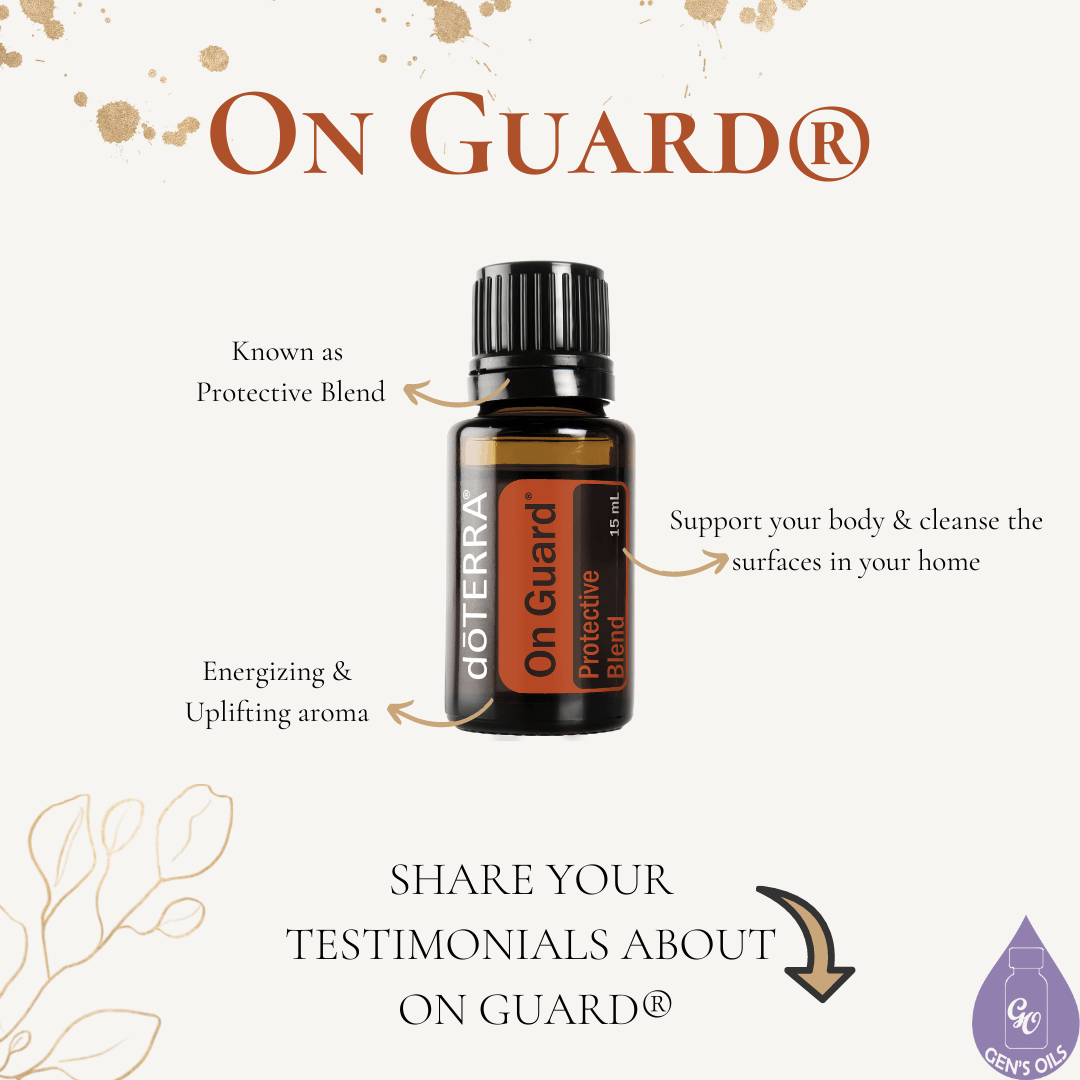 A bottle of On Guard with benefits listed around it.