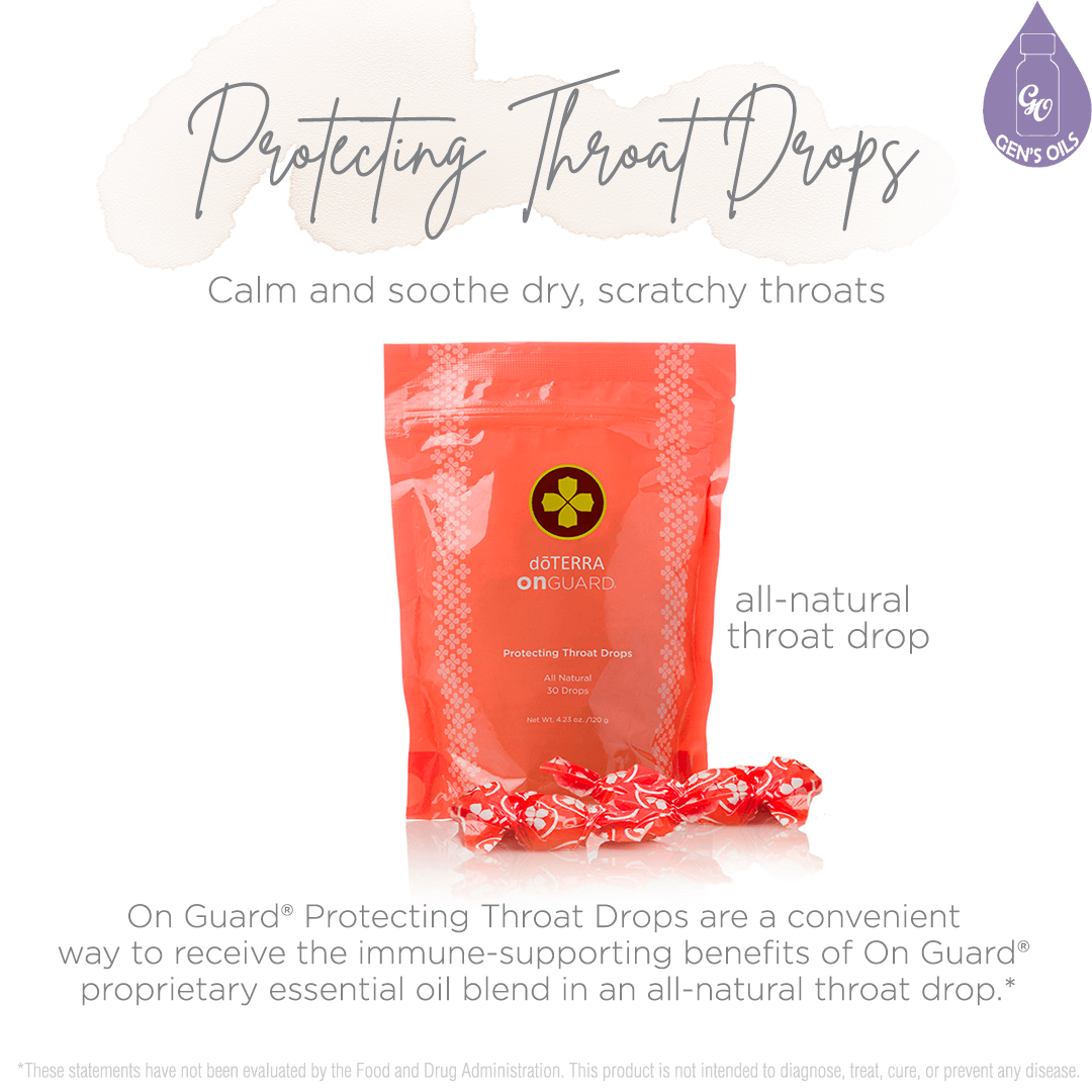 A pack of On Guard Throat Drops with a few scattered around.