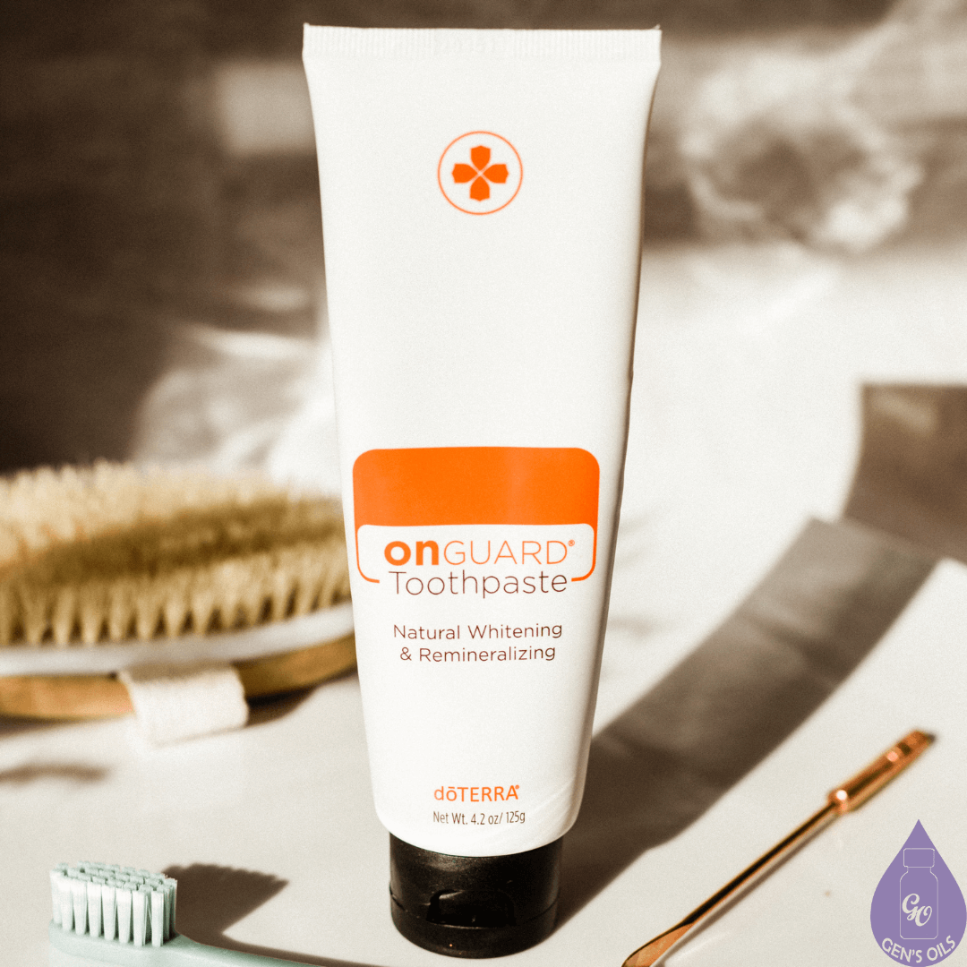 A tube of On Guard toothpaste