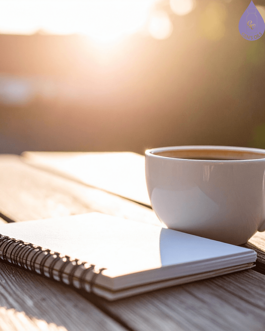 A white mug of coffee and a closed spiral notebook sit on a weathered wooden table, illuminated by a warm, golden sunlight in the background.