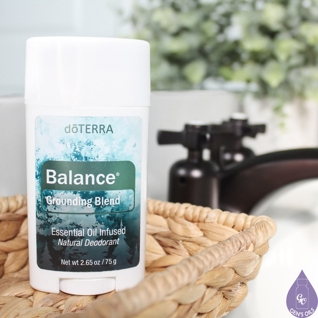 Balance deodorant sitting on a bathroom sink.