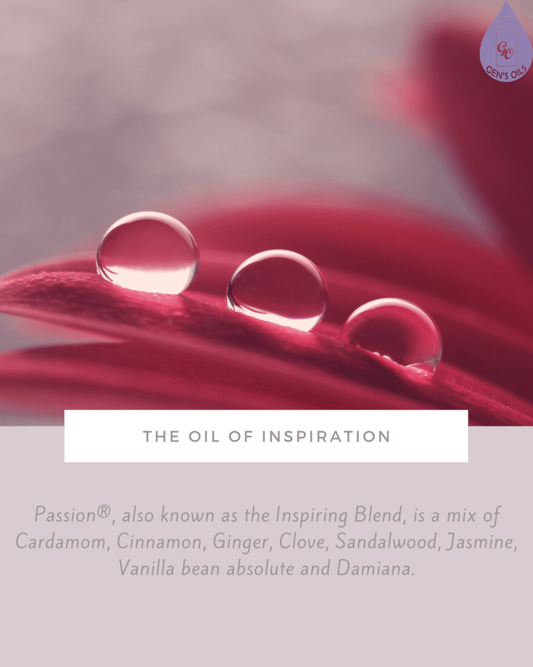 Three water droplets rest on a vibrant pink flower petal, with the text "THE OIL OF INSPIRATION" overlayed.