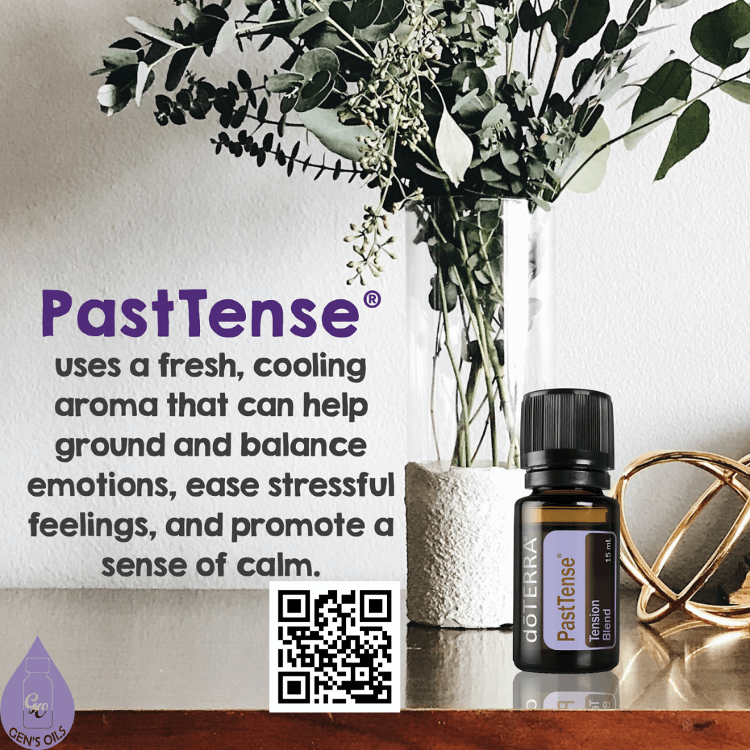 PastTense. A bottle of PastTense sits on a shelf beside a vase of flowers. The QR code opens a link to purchase PastTense.